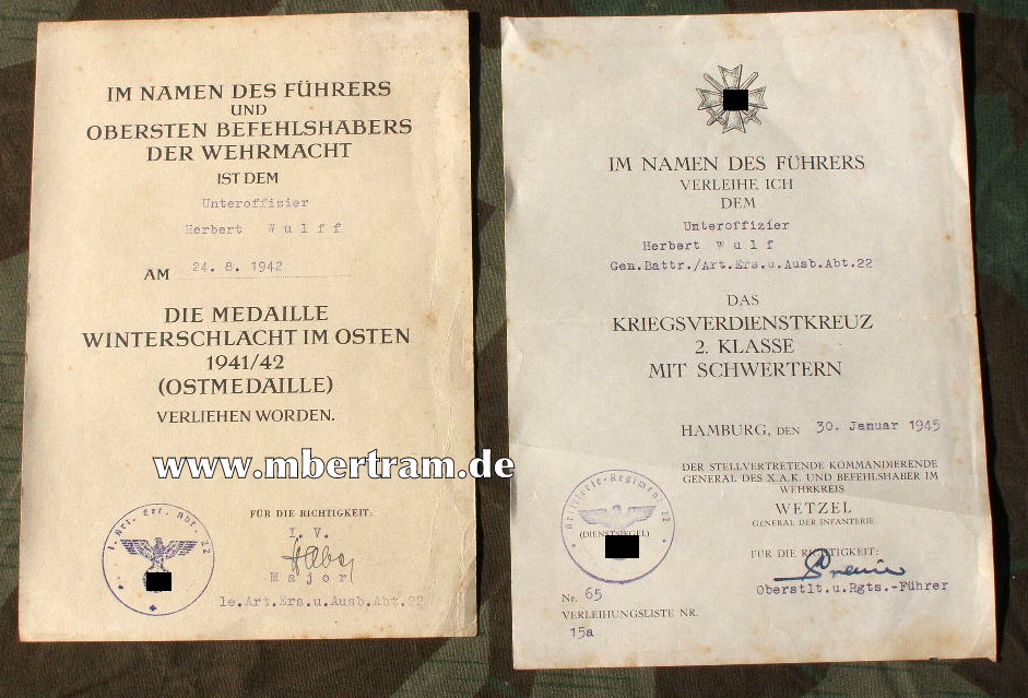 Urkunden KvK v. 1945 und Ostmedaille v. 1942 , Art. Rgt. 22