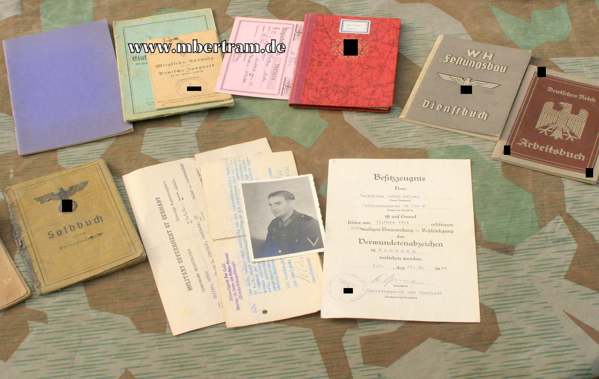 Dokumente: Soldbuch, Urkunde VWEA, NSDAP Mitgl. Karte