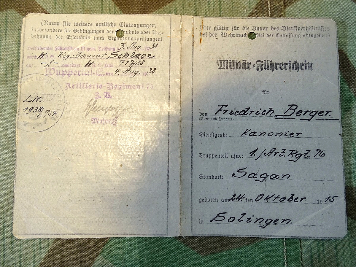 Militär Führerschein 1938, 1. Artillerie Rgt. 76, Wuppertal, Sagan Kaserne. Kl. 2