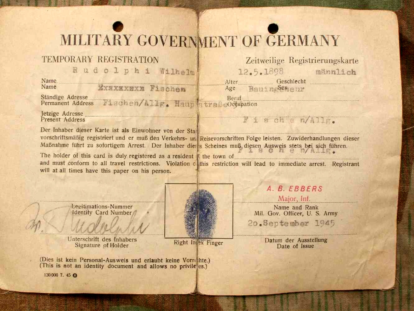 Registration/Ausweis Military Gouvernment Germany Sept.45