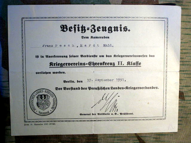 Besitzzeugnis "Krieger Vereins Ehrenkreuz" 19.09.1931