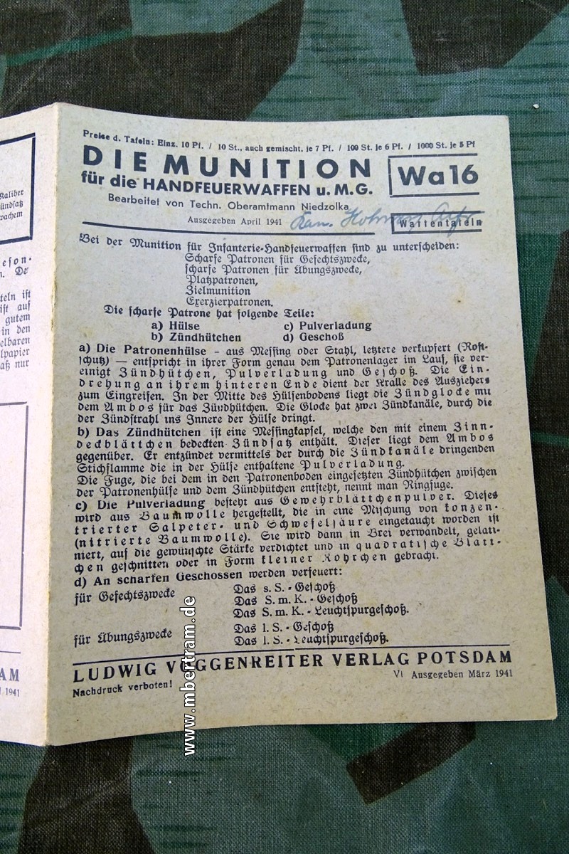 Waffentafeln Wa 16, 1941 "Die Munition für die Handfeuerwaffen u.M.G."