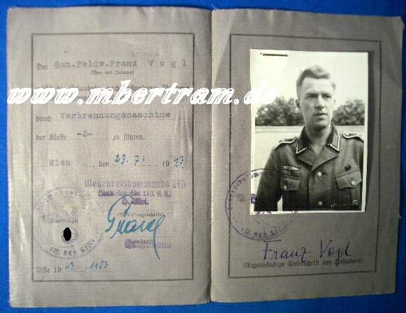 Wehrmacht Führerschein, San Feldw. Vogl, 1943, Klasse 3