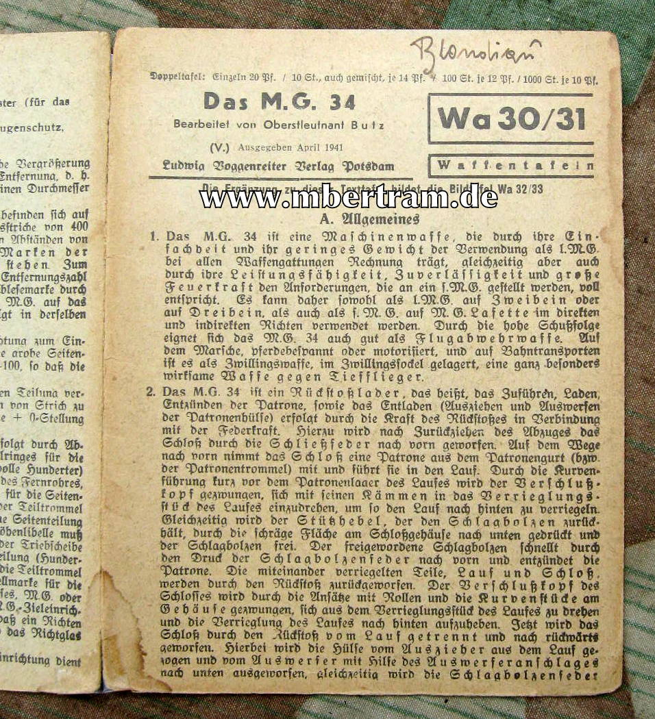 "Das MG 34" Wa 30/31 Waffentafeln, Dienstanweisung, 1941