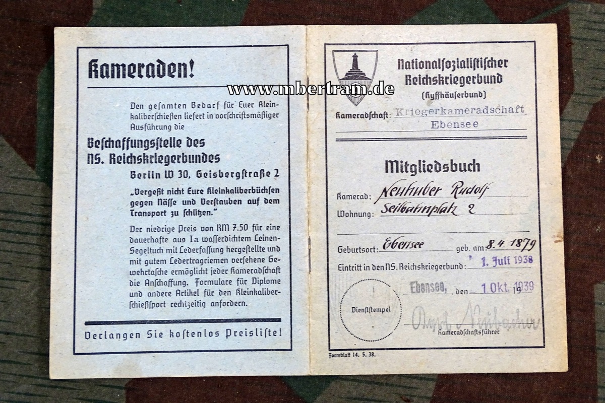 Mitgliedsbuch NS Reichskriegerbund, Rudolf N. ,Ebensee, 1939 mit Zahlmarken
