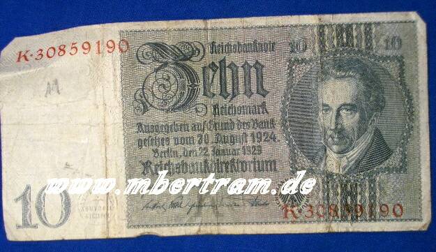 Reichsbanknote 10 Mark, kunstvoller Originalschein 20er Jahre