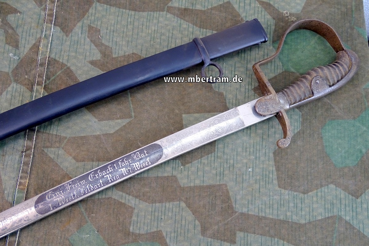 Artillerie Säbel Ätzung " Einj. Freiw. Erbach, 1.Fahr Bat. 1. westf. Feldart. Reg No.7"