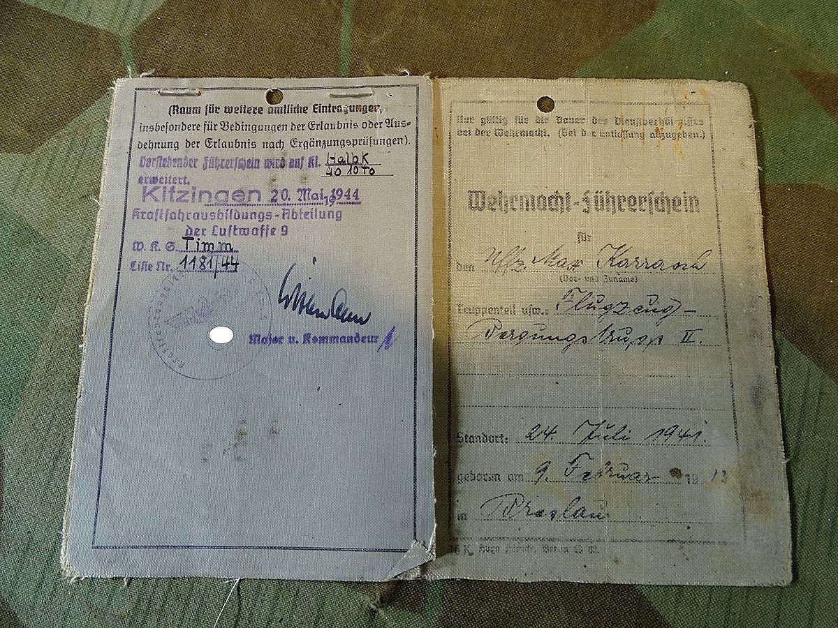 Wehrmacht Luftwaffen Führerschein, Flugzeugbergungstrupp 2, Halbkette, Uffz. Max Karrasch Breslau