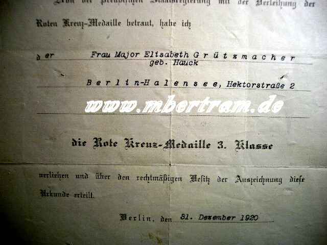 Urkunde Rote Kreuz Medaille 3. Kl. ,1920. Relativ selten