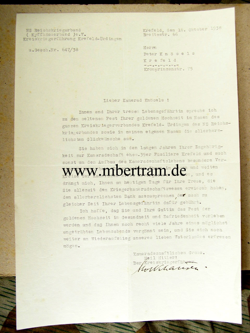 7360-10 Urkunden: lang gedientes Mitglied Reichskriegebund