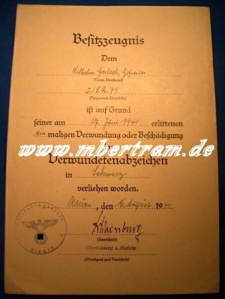 Besitzzeugniss Verwundeten Abz.1939, 5. Inf. Rgt. 79, 1941