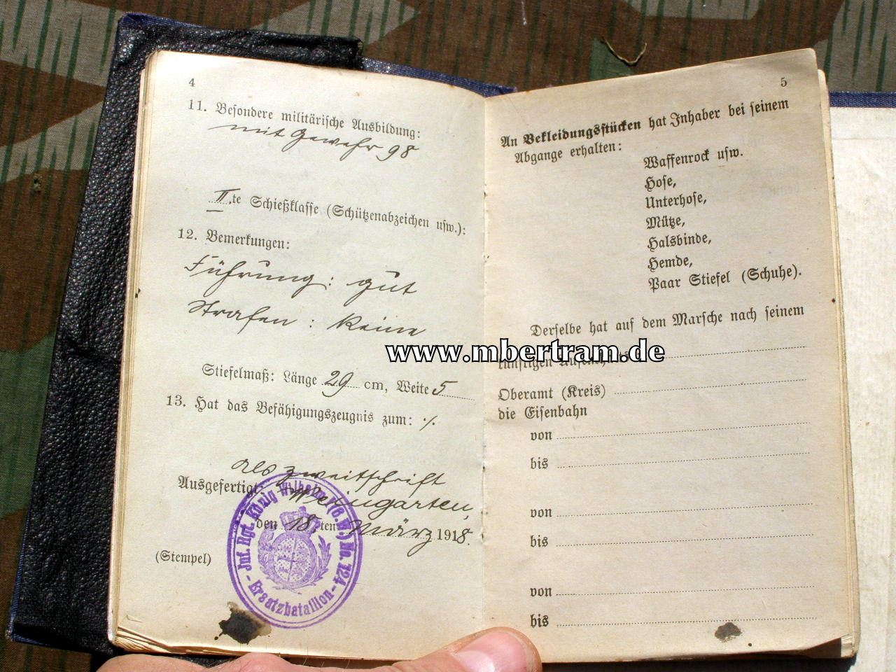 12447-20 Dokumente: Hilfs Hoboist, 6. Würtemb.Inf. Rgt. No. 124
