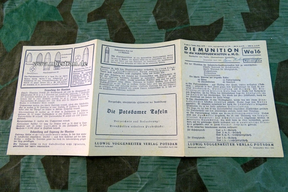 Waffentafeln Wa 16, 1941 "Die Munition für die Handfeuerwaffen u.M.G."