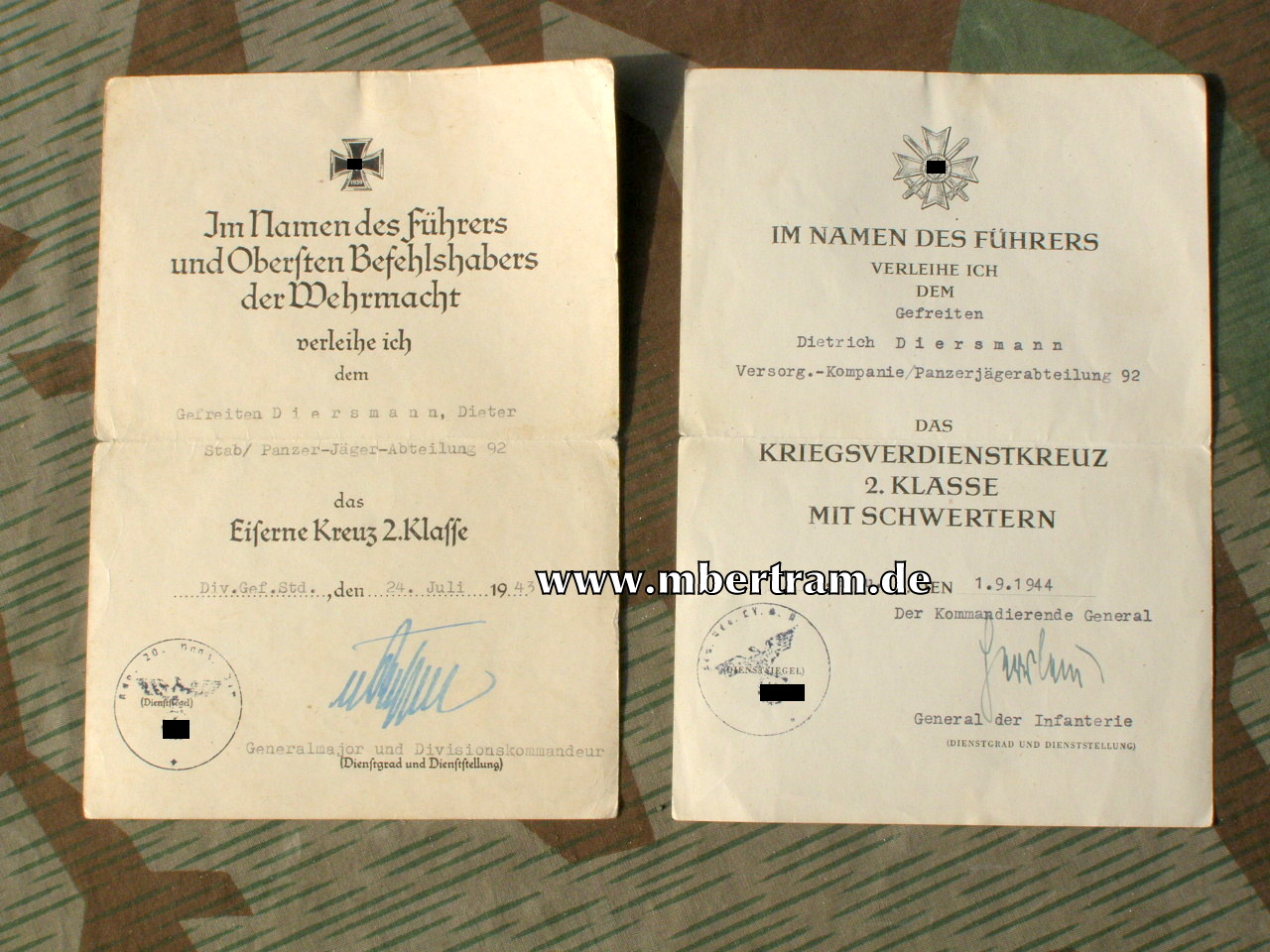 Urkunden EK 2 u KvK. 2. Kl. Panzerjäger Abt.92.