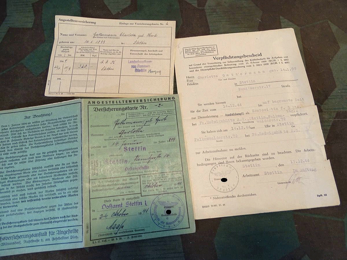 Versicherungskarte und Zwangs Verpflichtungsschein Charlotte G. zur Arbeit in Stettin 1944