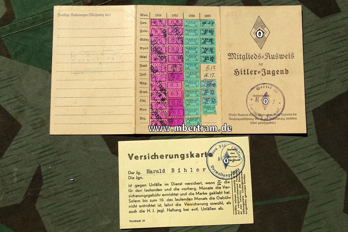 HJ Mitglieds Ausweis u. Versicherungskarte Harald B. Bann 316, Passau, 1935