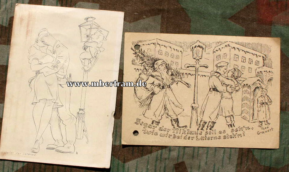 2 humoristische Feldpostkarten " Unter der Laterne " 1942