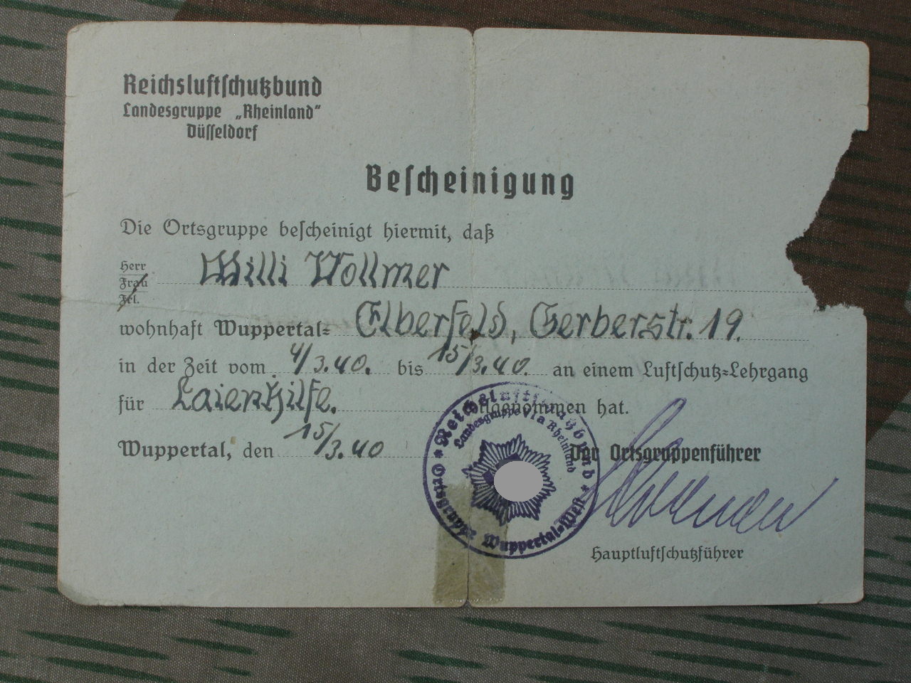 Ausweis Reichsluftschutzbund: Lehrgang für Laienhilfe, 1940
