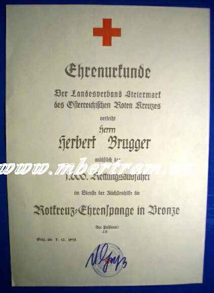 Steiermark: Urkunde Rotkreuz Ehrenspange Bronze 1975