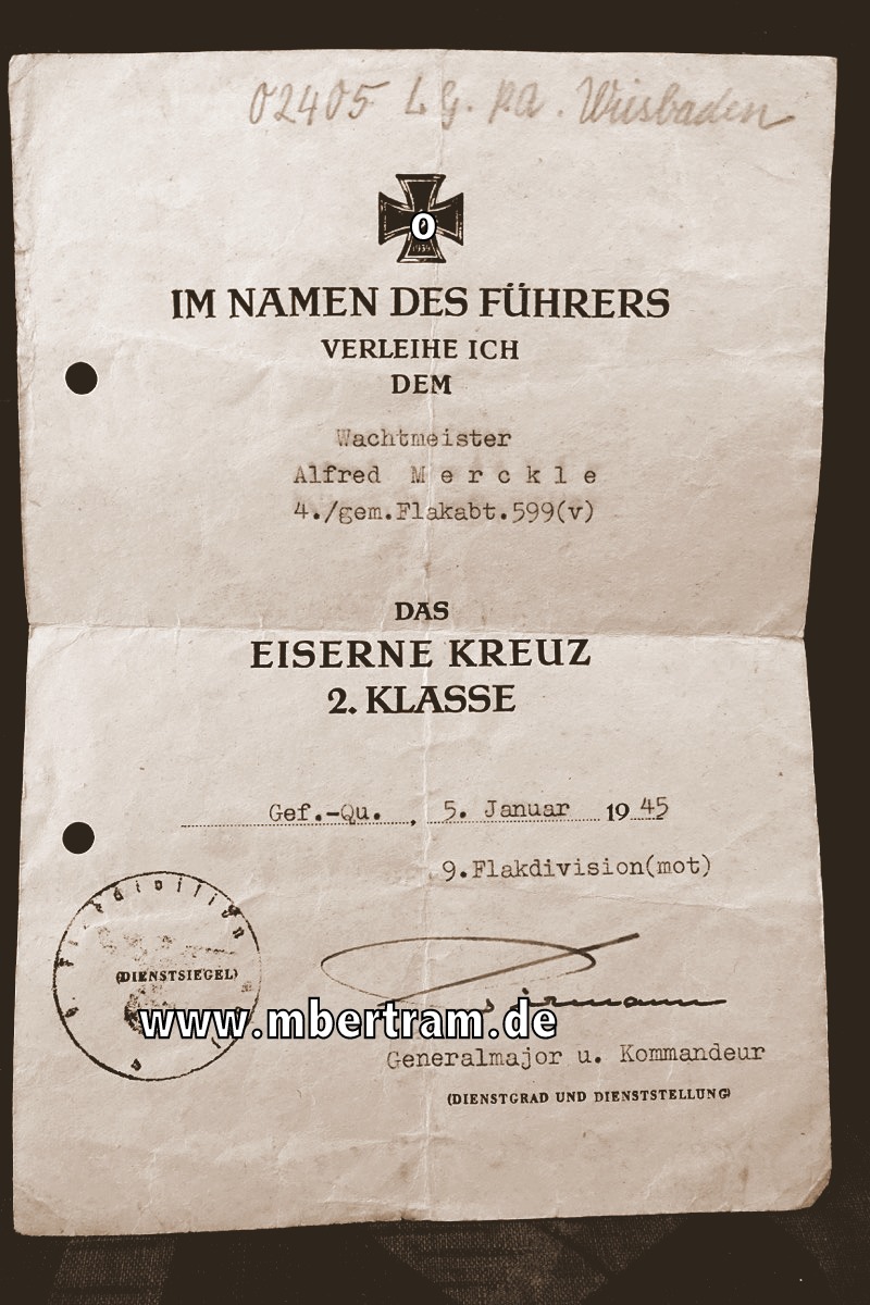 Urkunde für das Eiserne Kreuz 2. Klasse 1939 4. gem.Flak Abt.599(v) . 05.01.1945!!