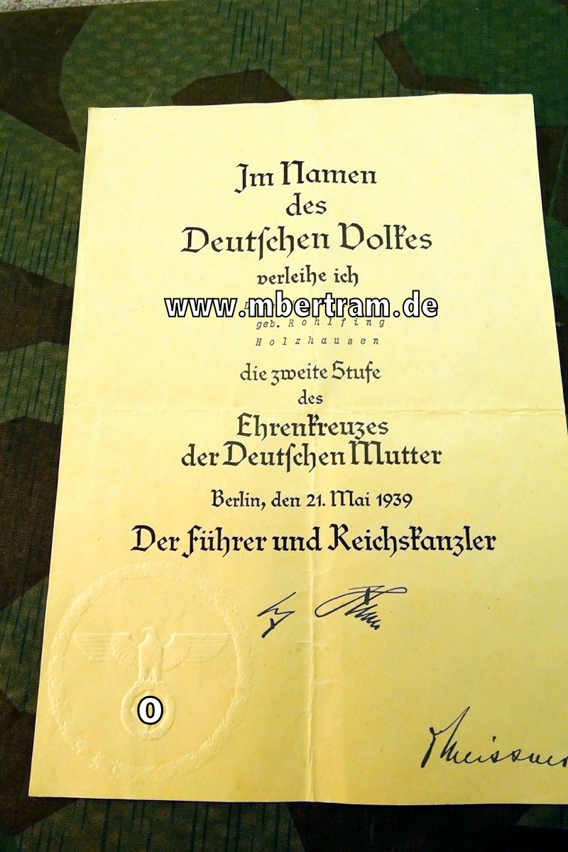 Ehrenkreuz der Deutschen Mutter in Silber mit Urkunde und Miniatur