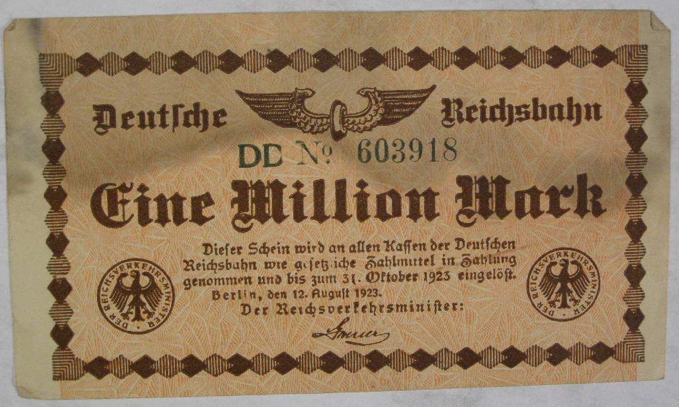 Reichsbahn Banknote 1 Million Mark, Originalschein 20er Jahre