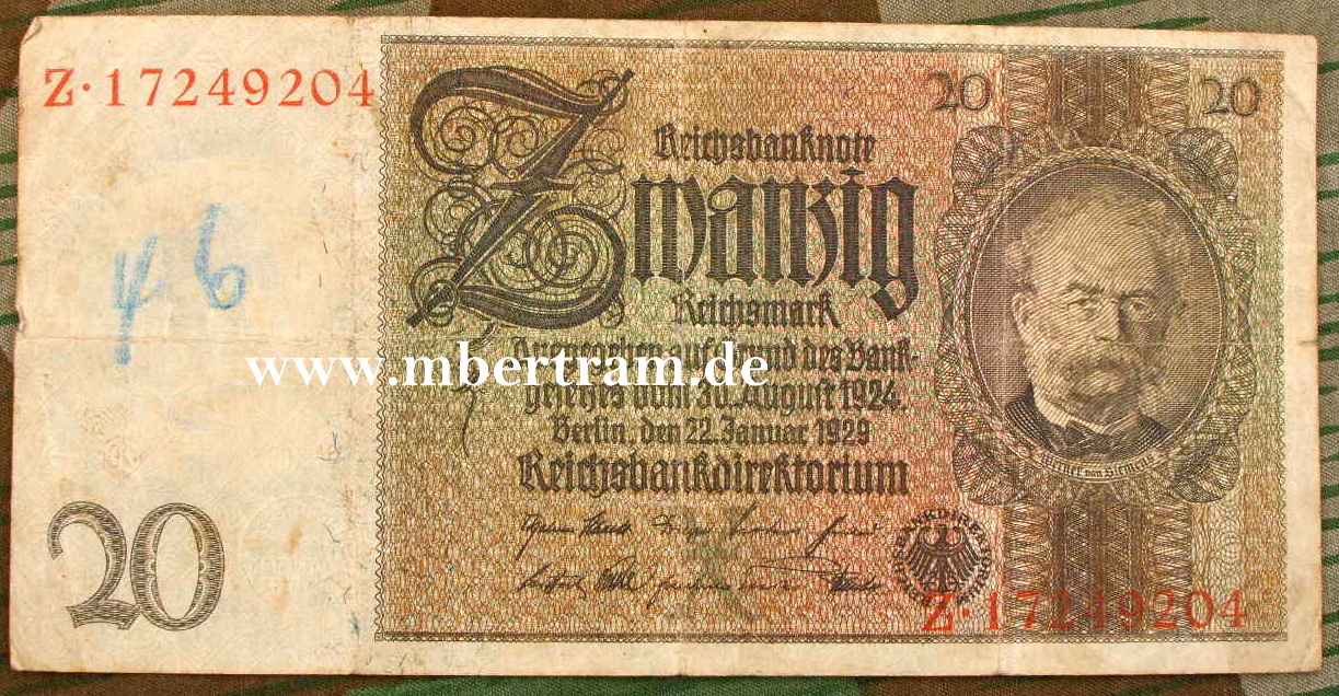 Reichsbanknote 20 Mark, kunstvoller Originalschein 20er Jahre