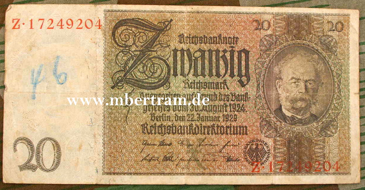 Reichsbanknote 20 Mark, kunstvoller Originalschein 20er Jahre