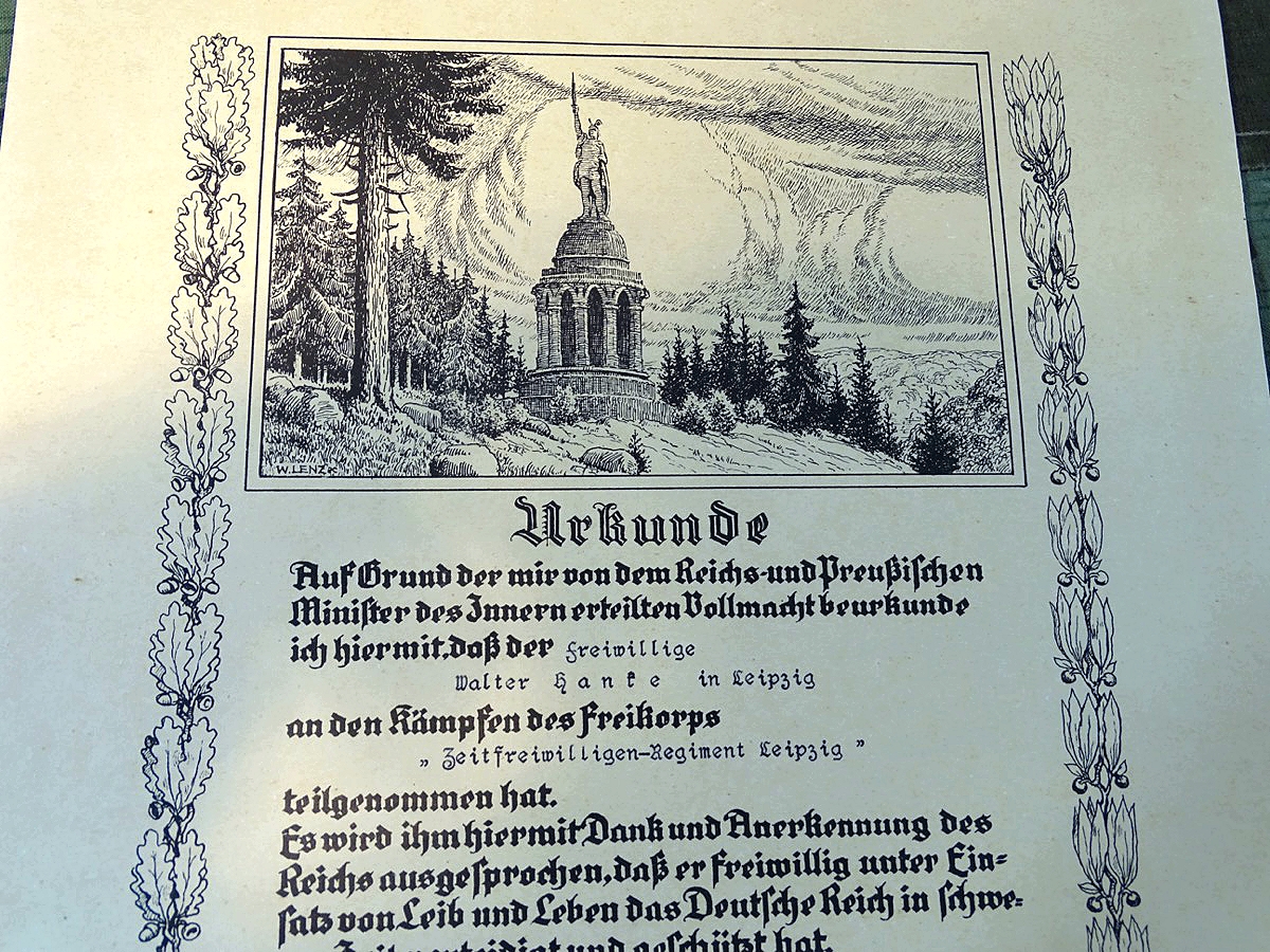 Seltene Schmuckurkunde für die Teilnahme an den Kämpfen des Freikorps Zeitfreiwilligen-Regiment Leipzig