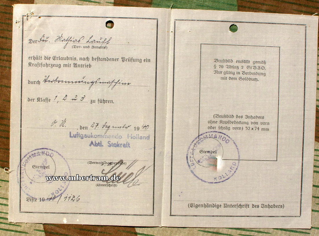 Führerschein Luftwaffe, Luftgau Kdo. Holland, Abt. Stokraft