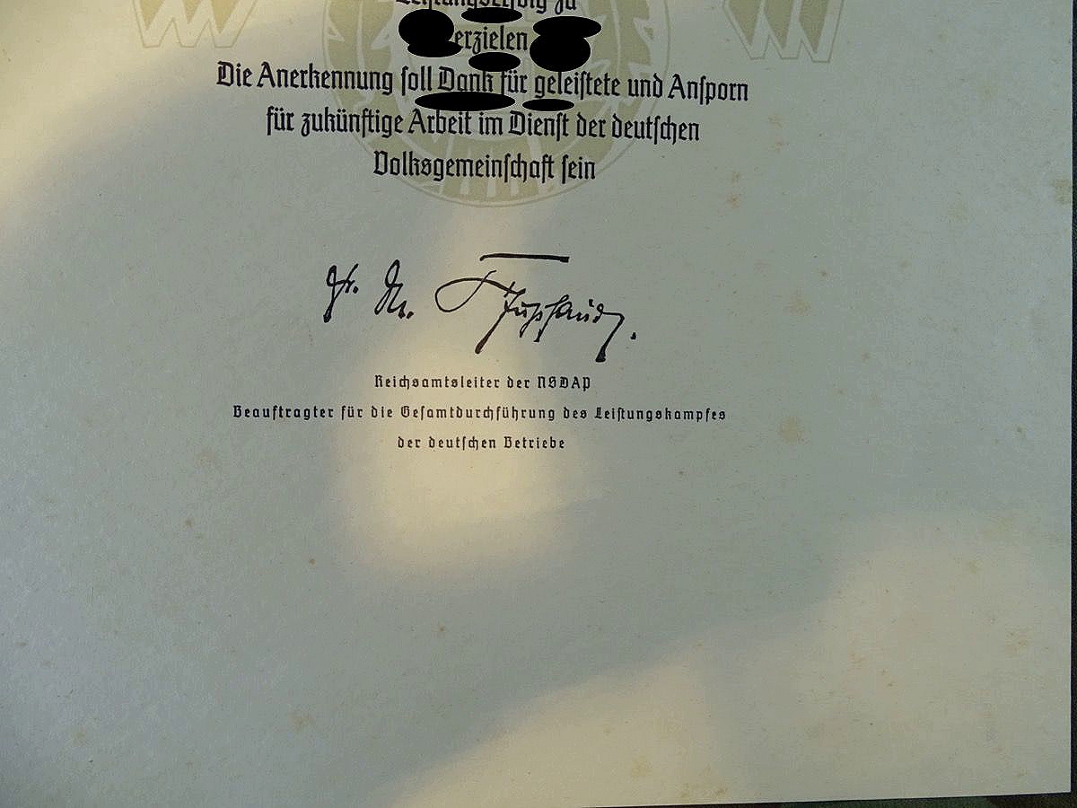 Große Schmuck Anerkennungs Urkunde für die Leistungen im 2 Leistungskampf der deutschen Betriebe