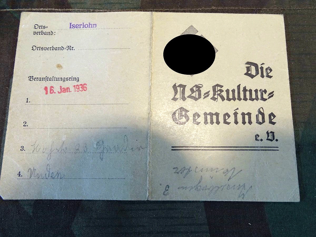 Mitgliedskarte Clara Sch. NS Kultur Gemeinde, Iserlohn 1936