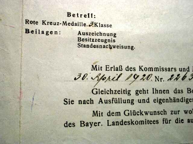 übersendungsschreiben zu Roter Kreuz Medaille 3. Kl. 1920