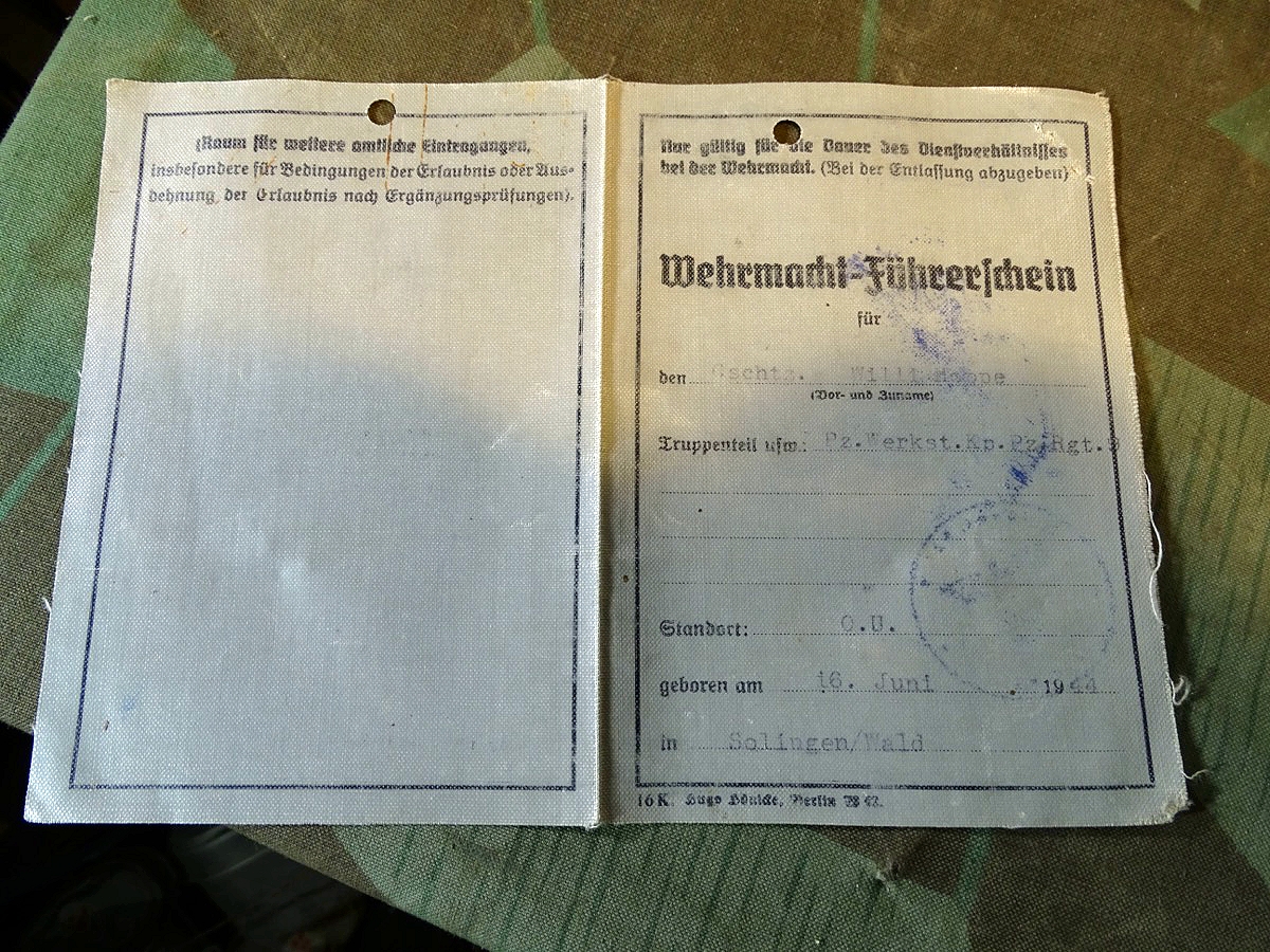 Wehrmacht Führerschein 1944 , W.Hoppe aus Solingen-Wald, Panzer Werkstatt Kp. 2. Panzer Rgt. 9