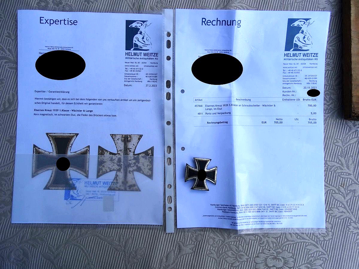 Eisernes Kreuz 1. Klasse 1939, Eisenkern,  Wächtler & Lange mit Weitze Rechnung und - Expertise