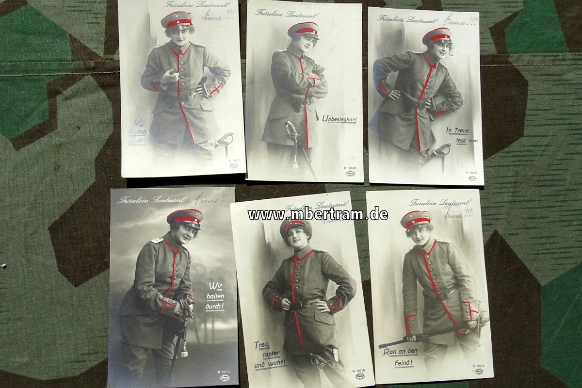 Bunte Propaganda Postkarten Serie, 6 Stck.  " Fräulein Leutnant"- wir halten durch.