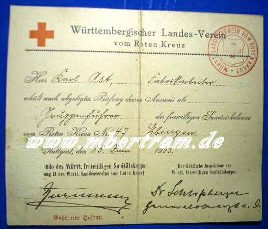 Mitgliedsausweis DRK Landesverein Württemberg 1923