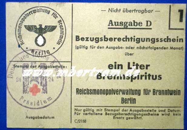 Bezugs Sonderausweiskarte 1 L.Brennspiritus, BLANKO, DRK