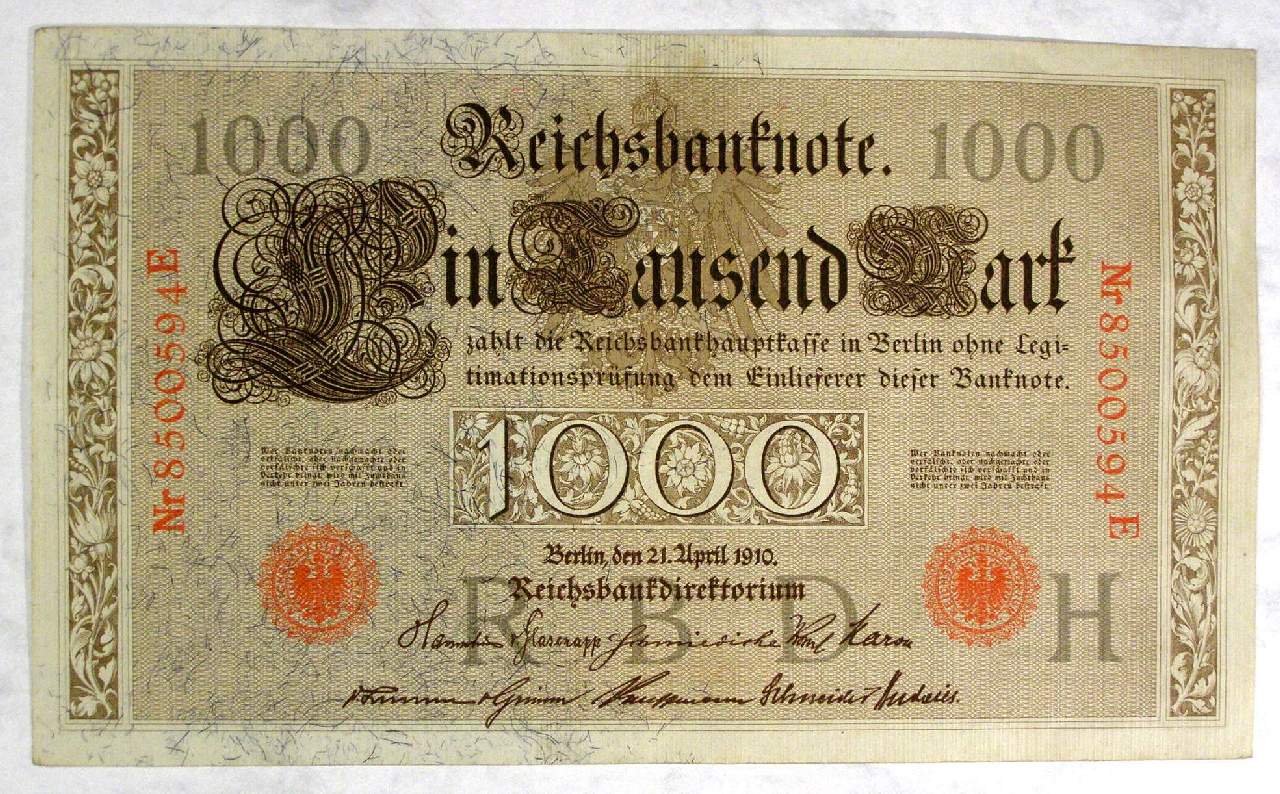 Reichsbanknote 1000 Mark, original Geldschein vor 1918.