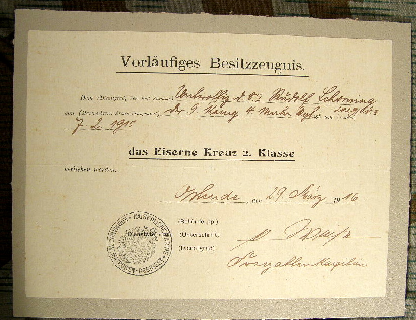 Vorläufiges Besitzzeugnis Eisernes Kreuz 2. Klasse, 1916