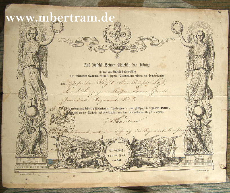 Urkunde Königgrtz Kreuz 1866