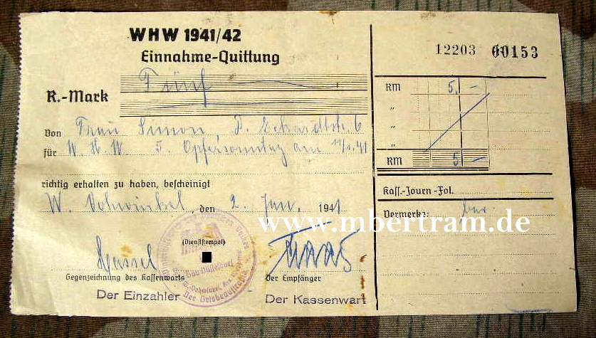 WHW 1941 / 42 Einnahme Quittung, Gau Düsseldorf