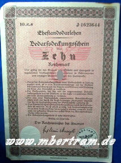 Ehestandsdahrlehn, 10 Mark 1933, Finanzamt Dortmund