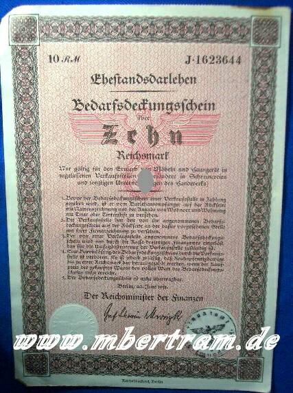 2015-1 Ehestandsdahrlehn, 10 Mark 1933, Finanzamt Dortmund