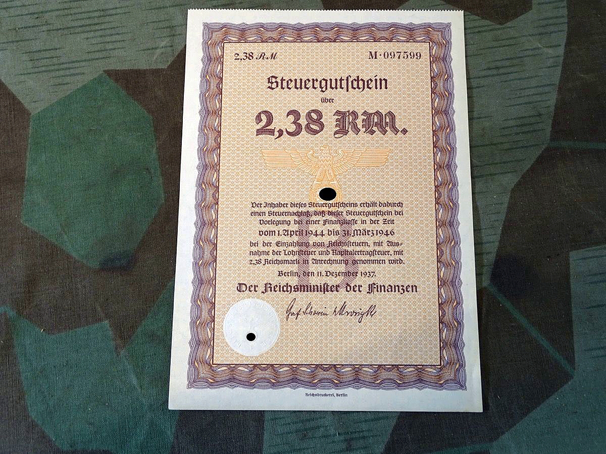 Steuergutschein über 2,38 Reichsmark, gültig von 01.04.1944-31.03.1946