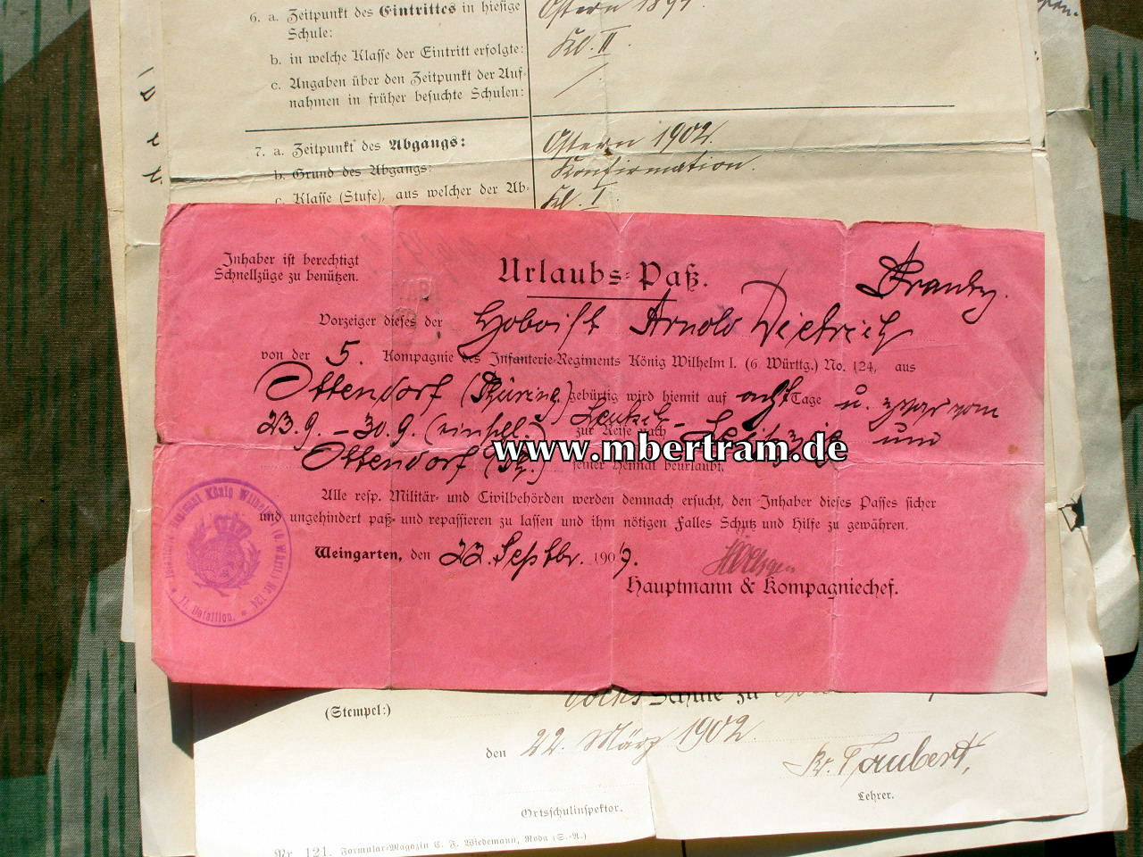 12447-11 Dokumente: Hilfs Hoboist, 6. Würtemb.Inf. Rgt. No. 124