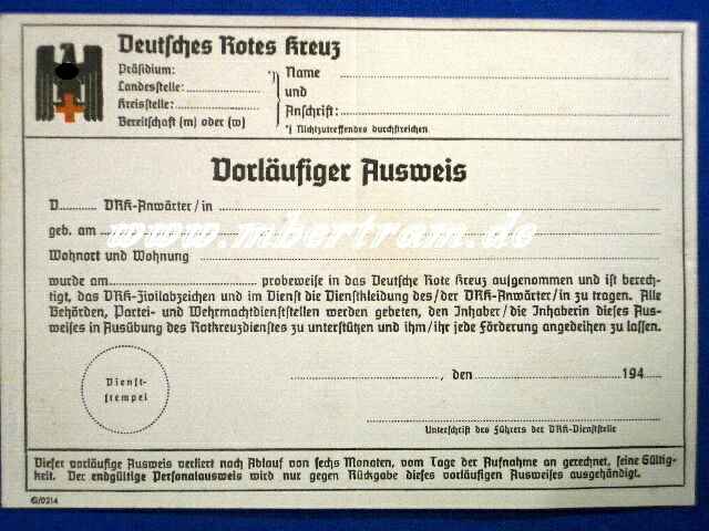 Vorläufiger Ausweis Rotes Kreuz 40er J., BLANKO-SELTEN
