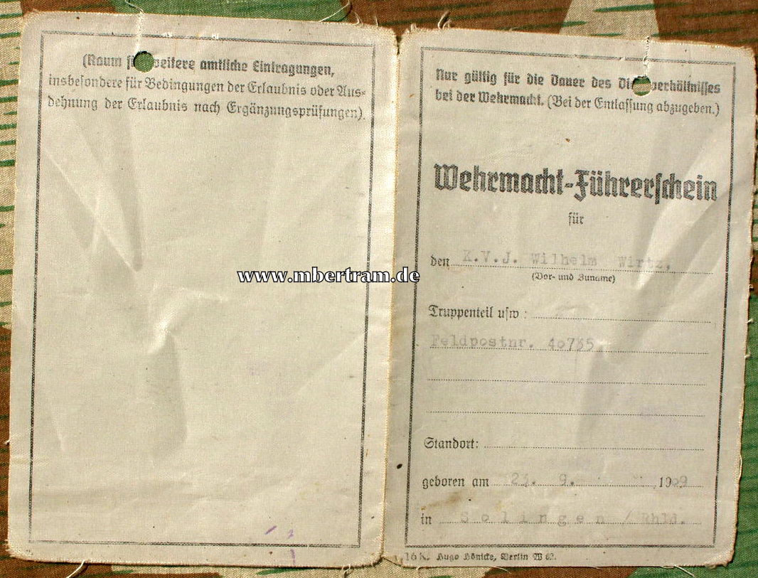 Wehrmachtsführerschein K.V.J. Heereskraftfahrpark 632