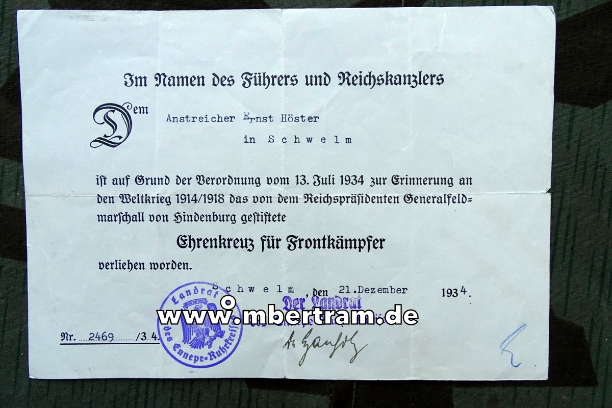 Urkunde für Ehrenkreuz für Frontkämpfer, Ennepe Ruhr Kreis, 1934, Ernst H.