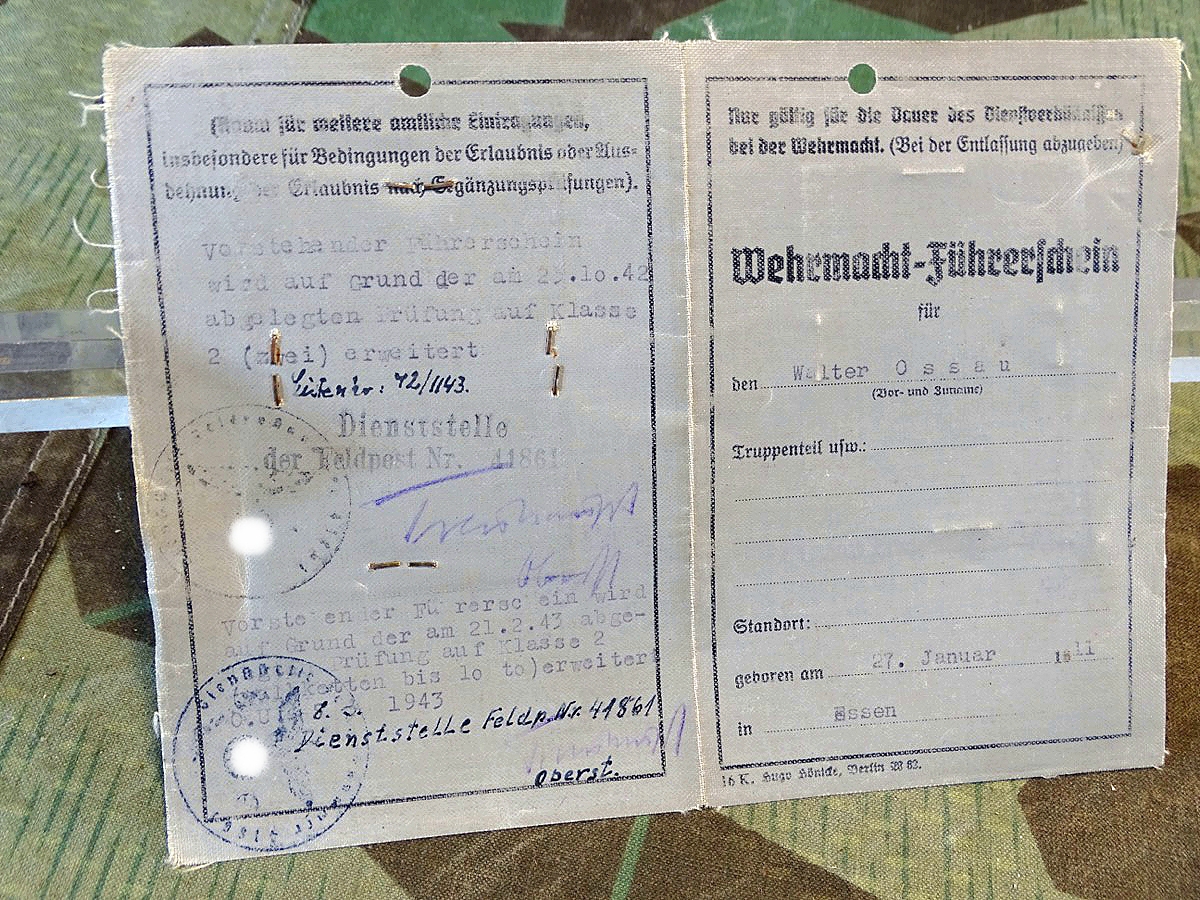 WH Führerschein, W.Ossau, Kraftfahr Ers Abt. 1,  1943 erweitert auf Vollkette bis 10 Tonnen